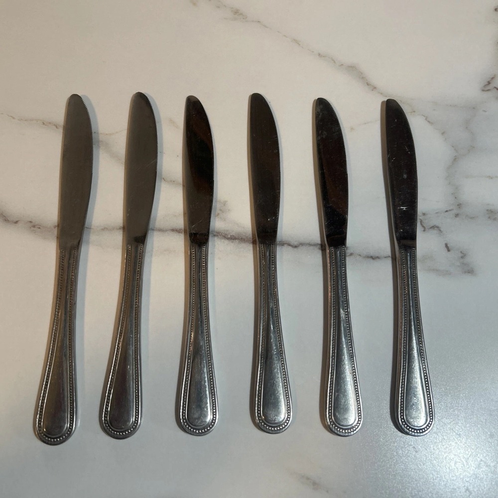 GIBSON China 18/0 STAINLESS Silverware‎ BEADED Glossy DINNER KNIFE KNIVES X6